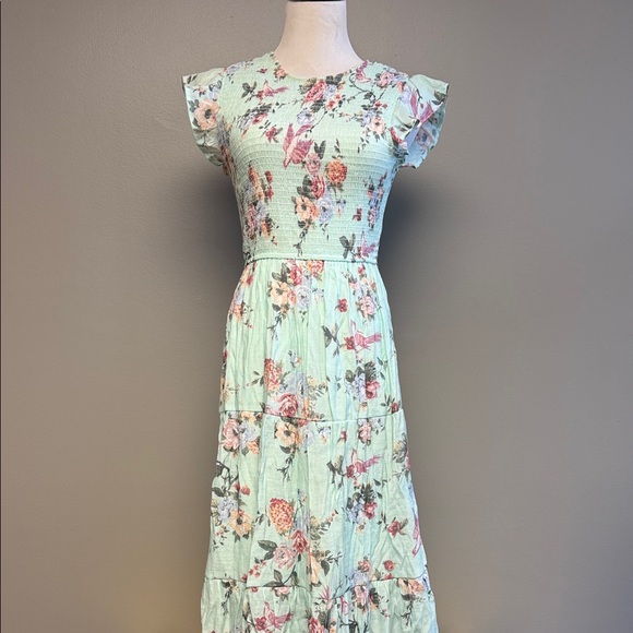 August Sky Dresses & Skirts - August Sky Floral Maxi Dress Mint Green Size Large Romantic Tiered